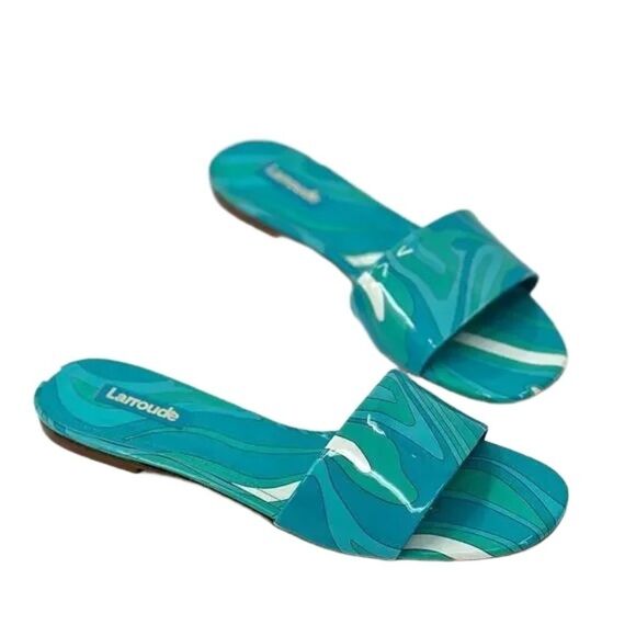 larroude Shoes - Larroude Ivy Flat Slide Mule Sandal 6.5 Wavy Print Patent Bright Turquoise Blue